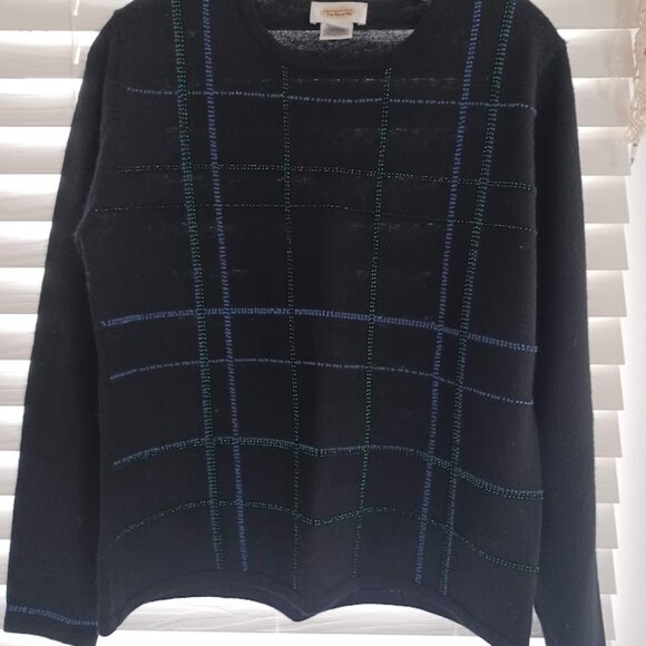 Talbots Women’s Medium 100% Wool Sweater Black Beaded Plaid Hong Kong Vintage - Picture 5 of 7